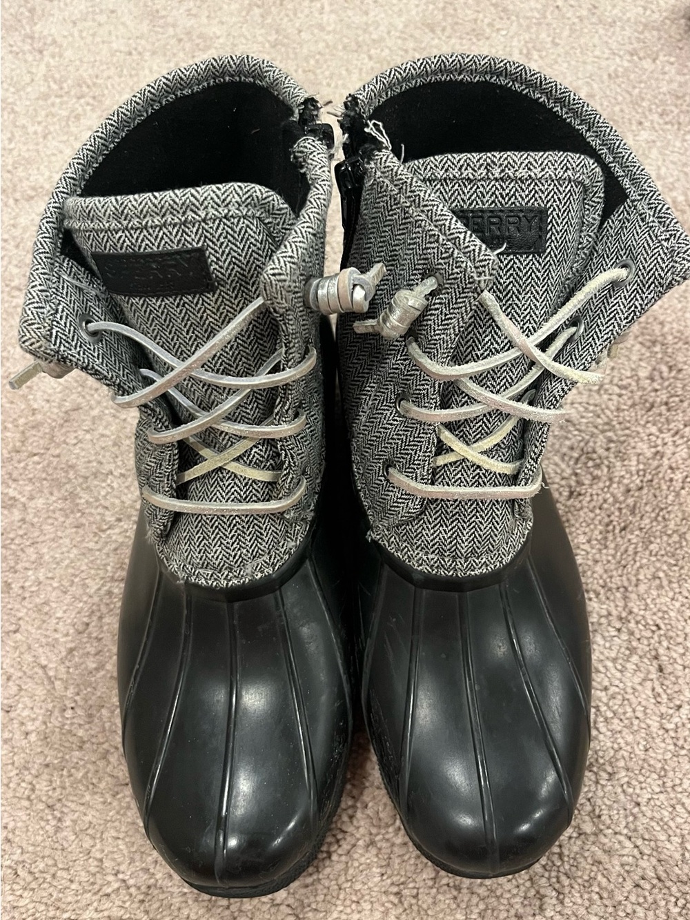Sperry Kids Black Rubber Duck Boots with Gray Herringbone Upper